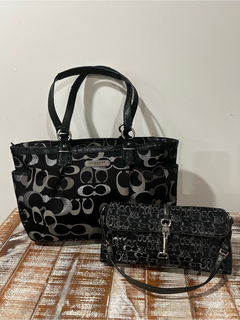 Coach Black & Silver Signature Tote with Matching Clutch